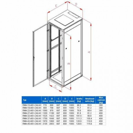 Rack Triton 19'' stojanový 15U/800x1000 prosklené dveře, šedý