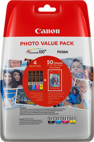 Inkoust Canon CLI-551 C/M/Y/BK Multi Pack + 50ks 10 x 15 cm Foto Papier glossy