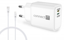 Adaptér CONNECT IT DUPLEX nabíjecí 1xLightning + 1×USB-C, 20W, kabel 27W, bílý 